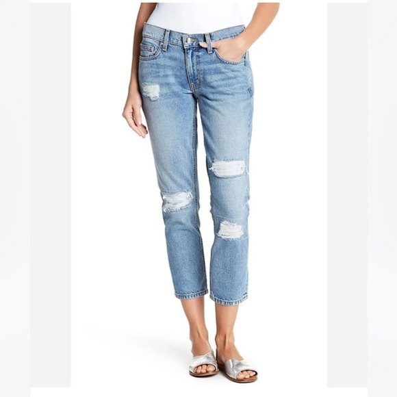 Derek Lam 10 Crosby Mila Mid-Rise Girlfriend Jeans Distressing & Patches Sz 26